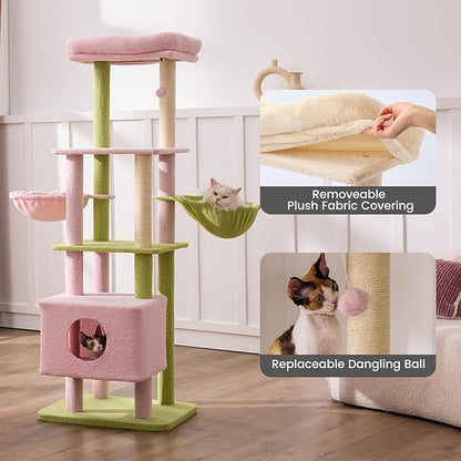 Gardner Pet 65in Heavy Duty Cat Tree Tower for Large Cats, Multi-Level Cat Furniture with Replaceable Sisal Scratching Post, Hammock | Extra-Large Platform & Condo (Pink&Green, Basic φ:2.84")