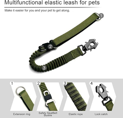 20” Strong Short Leash for Dog, Heavy Duty Bungee Dogs Leash with Padded Handle Car Seatbelt, Dog Training Leashs for Large or Medium Dogs - Can be Used with Other leashes (Army Green)