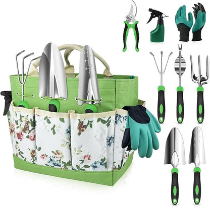 Garden Tools Set, 8 in 1 Heavy Duty Garden Tools Kit, Stainless Steel Ergonomic Gardening Hand Tool with Upgraded Bag, Gardening Supplies Gift for Women, Kid, Organizer