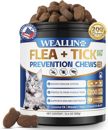 Flea and Tick Prevention for Cats, 200 Soft Chews for Fleas Treatment for Cats, Natural Cat Oral Flea Chewables Support Supplement, Flea and Tick Chews for All Breeds & Sizes