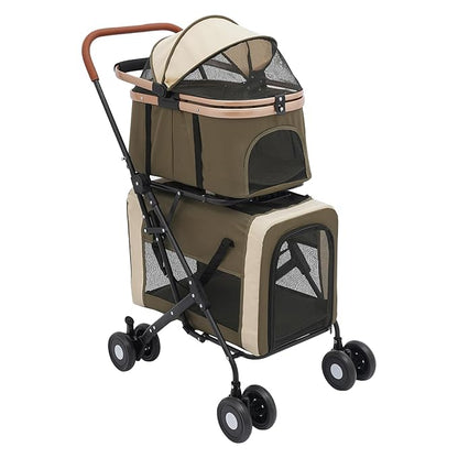 Foldable Pet Stroller for Small & Medium Dogs, Double Dog & Cat Stroller with 3-in-1 Travel System, Detachable Pet Carrier with Wheels for Cats and Dogs up to 77 lbs, Dark Green