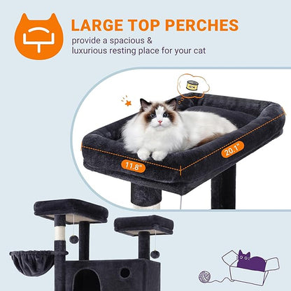 Allewie 81 Inches Tall Cat Tree/Multi-Level Large Climbing Tree House and Towers for Big Feline/Condo and Hammock/Scratching Post/Wide Base/Dark Grey