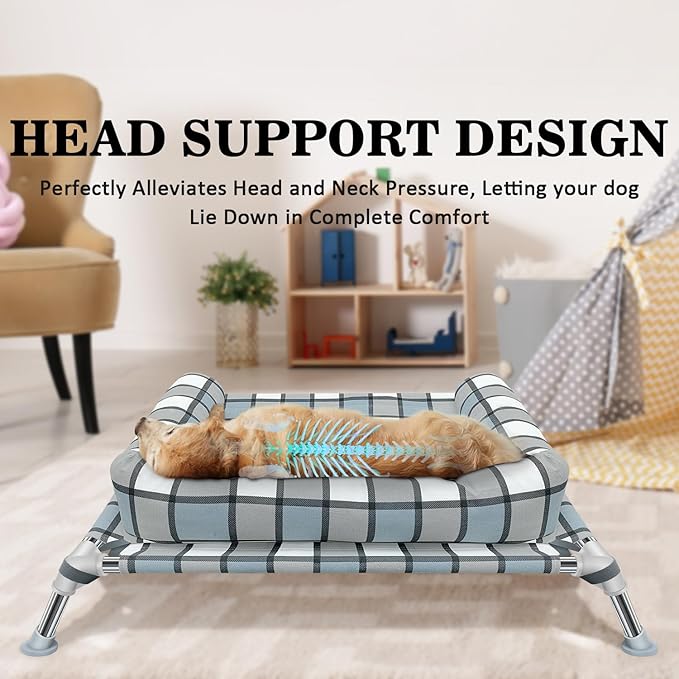Elevated Raised Dog Bed Cot - Cooling Dog Bed with Pillows, Portable Washable Pet Cot with Metal Frame for Indoor & Outdoor Use