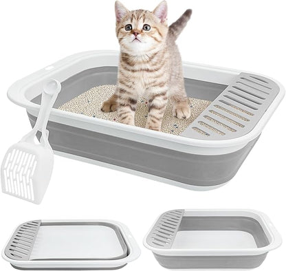 Fhiny Cat Litter Box Portable Shallow Litter Box 17.7"x13.4"x4.9" Foldable Cat Toilet with Scoop Open Kitty Potty Pan with Litter Drop Pedal Easy to Clean Travel Kitten Toilet(Gray)