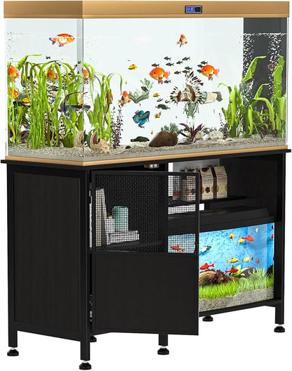 Fish Tank Stand, Modern Aquarium Stand with Built-in Cabinet and Shelves - Sleek Black Iron and Wood Grain Design for Stylish Home Décor（ 51.97" x W 19.69" x H 31.5"） Black