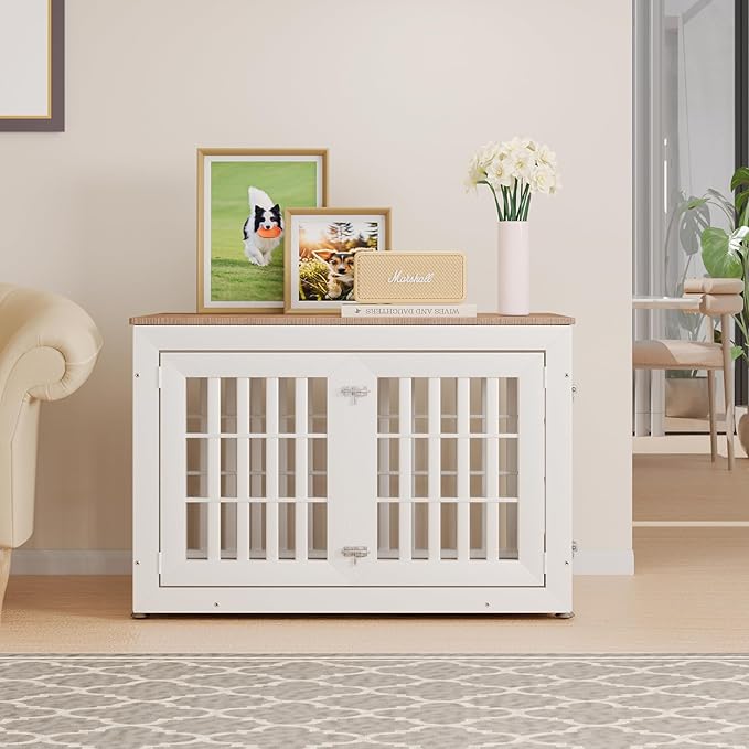 42" Heavy Duty Dog Crate Furniture for Small,Medium and Large Dogs,Rustic Wooden Dog Cage Kennel Indoor Furniture with Waterproof Top,Decorative Pet House Side End Table (White & Wood)