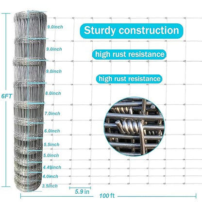 Farm Fence 6ft x 100ft Heavy Zinc Coating Field Wire Fencing, Deer Fence, Galvanized Livestock Fence,Goat Fence,Hog Wire Fencing, Garden Fencing Used to Yard and Garden