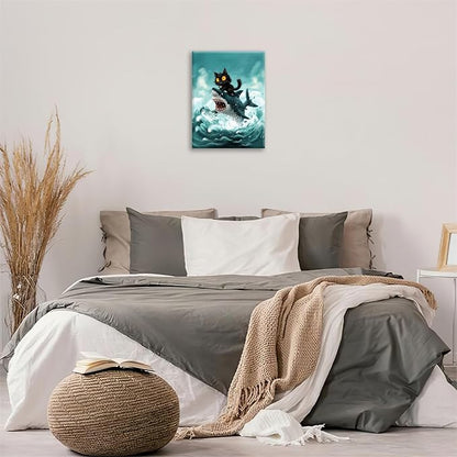 Funny Black Cat Bathroom Wall Art Cute Cat Riding Shark Canvas Wall Decor Animal Kitten Pictures Painting Print Artwork Framed Decorations Gifts for Cat Lover Kids Room Bedroom 16"x20"