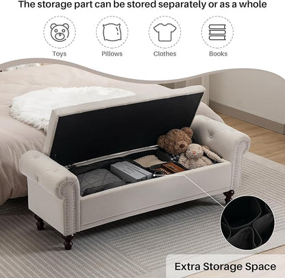 58.1'' Storage Bench Upholstered Linen End of Bedroom Bed Bench Ottoman with Tufted Cushioned Rolled Arm Large Storage Space for Reading Living Room Entryway, Beige