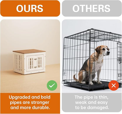26" Heavy Duty Dog Crate Furniture for Small,Medium and Large Dogs,Rustic Wooden Dog Cage Kennel Indoor Furniture with Waterproof Top,Decorative Pet House Side End Table (White & Wood)