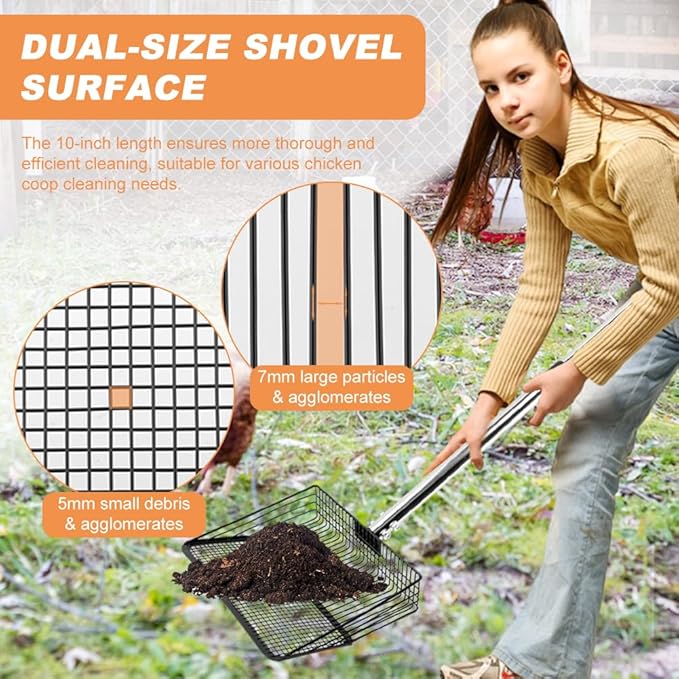 10inch Chicken Poop Scooper, Chicken Coop Scoop for Poop, 4 Sections Extended with 22 to 77inch Stainless Steel Adjustable Handle, Litter Scooper Sifting Shovel