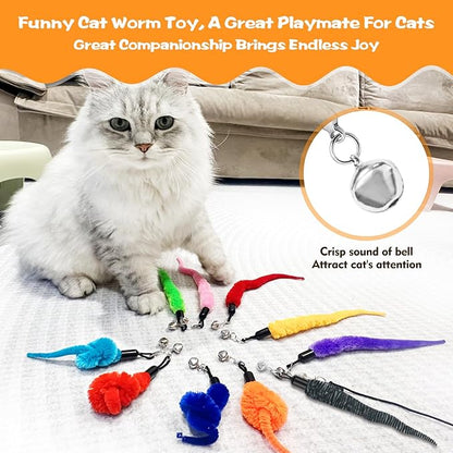 10PCS Cat Worm Toy, Cat Wand Attachment Fuzzy Worm Toys Refill with 1PCS Black String for Wand Replacement, Interactive Cats Kittens Toys for Indoor