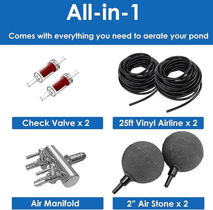 AquaMiracle All-in-One Koi Pond Aerator for Outdoor Ponds up to 1500 Gallons, Pond Air Pump Pond Aeration System with 2-Outlet Manifold Airline Tubing Air Stones Check Valves