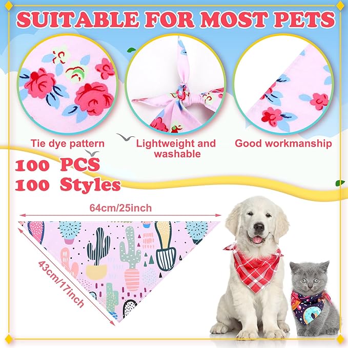 100 Pcs Dog Bandanas Bulk Pet Bibs Colorful Triangle Scarf Pet Bandanas for Medium Large Dogs Spring Summer Birthday Costume Decoration (Plaid)