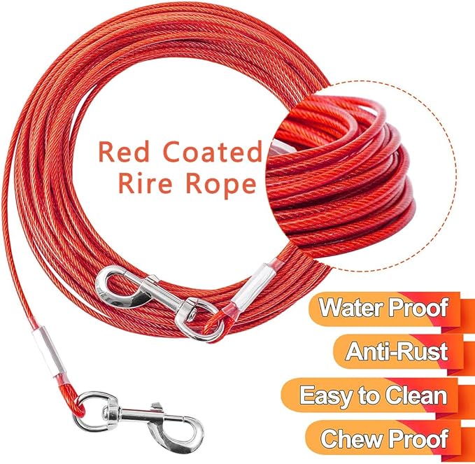 10FT Heavy Duty Dog Tie Out Cable for Large Dogs up to 125lbs, Durable Runner Tether Line (Red)