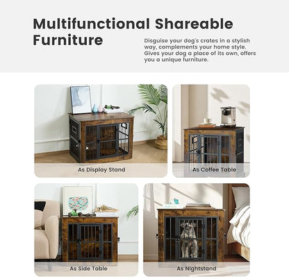 Gardner Pet Dog Crate Furniture for Medium Dogs, 38.8 Inch Dog Kennel Indoor, Wooden Dog Cage End Table with 2 Removable Bowls, Heavy Duty Dog Crate, Rustic Brown