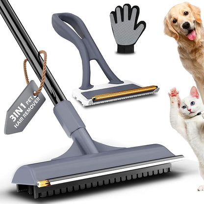 3 in 1 Carpet rake Kit for Pet Hair Removal Tool - Reusable Pet Hair Remover Broom w 58" Adjustable Long Handle, Dog & Cat Carpet Scraper, Pet Hair Remover for Rugs, Mats, Couch, Curtains(Gray)