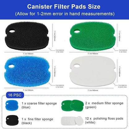 16 PCS Replacement Canister Filter Pads Compatible with SUNSUN HW-302/505A Polar Aurora 265 GPH CF-300, Aquarium Filter Sponge Pad Fish Tank Bio Floss Media