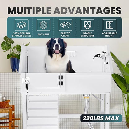 Dog Washing Station for Home, 38" White Professional Stainless Steel Dog Grooming Tub, Height Adjustable Dog Bathing Station, Upgrade Parts, Dog Bath Tubs for Small & Medium Dogs(Left Ramp)