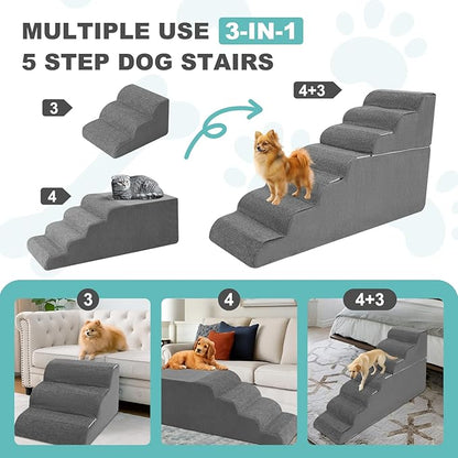 6-Step Dog Stairs for High Bed - 25.5" Adjustable Dog Ramps for Couch, Non-Slip Sturdy Pet Steps for Small Dogs, Washable Cover, Removable Modular Design, Dual 11” & 14.5” Steps for Custom Height