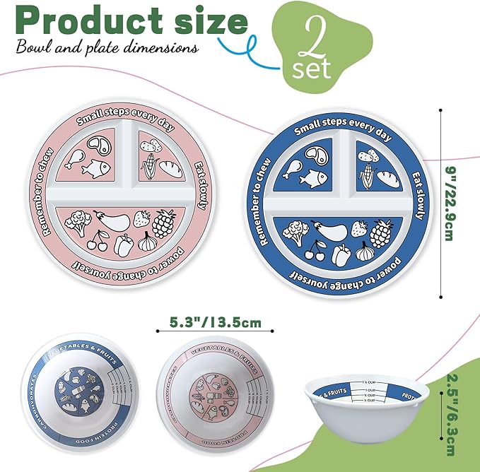 4 Pcs Portion Control Plates & Bowls Set (2 Plates + 2 Bowls, 9 Inch) - Self-Measuring for Weight Loss, Gastric Bypass, LapBand, Diabetes & Healthy Diets, Pink & Blue, for Adults & Children