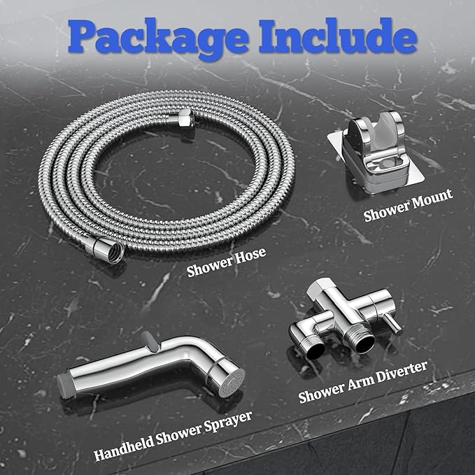 Dog Shower Attachment Metal, YDmeet Pet Washing Hose Attachment for Fast & Clean Bathing, Brass 3 Way Diverter, Adjustable Sprayer wtih Turn Off, 8 ft Hose and Holder, Chrome