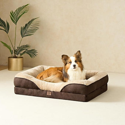 EHEYCIGA Memory Foam Dog Bed for Medium Size, Orthopedic Dog Sofa with Sides and Waterproof Liner, Washable Bolster Pet Bed Couch with Removable Cover, 30x20x6.5 Inch, Brown