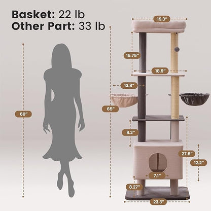 Gardner Pet 65in Heavy Duty Cat Tree Tower for Large Cats, Multi-Level Cat Furniture with Replaceable Sisal Scratching Post, Hammock | Extra-Large Platform & Condo Easy to Clean (Corduroy)