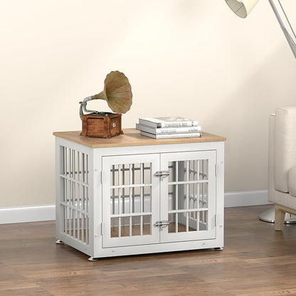 26 Inch Heavy Duty Dog Crate Furniture for Small Dogs, Decorative Pet House End Table, Wooden Cage Kennel Furniture Indoor, White and Natural