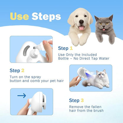 4-in-1 Pet Grooming Steam Brush for Cats & Dogs – Steam Spray, Blue Light, Hair Removal, Self-Cleaning Comb – Includes Pet Waterless Shampoo