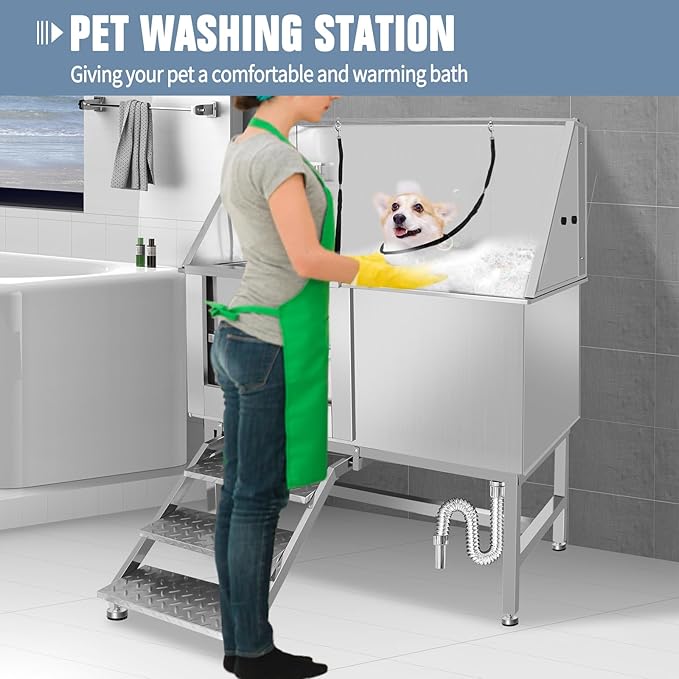 50" Dog Washing Station, Professional Stainless Steel Dog Bathing Station, Equipped/W Three Anti-Slip Steps, Removable Door, Upgraded Spray Nozzle&Hose - for Home, Pet Grooming Salon (50" Left ramp)
