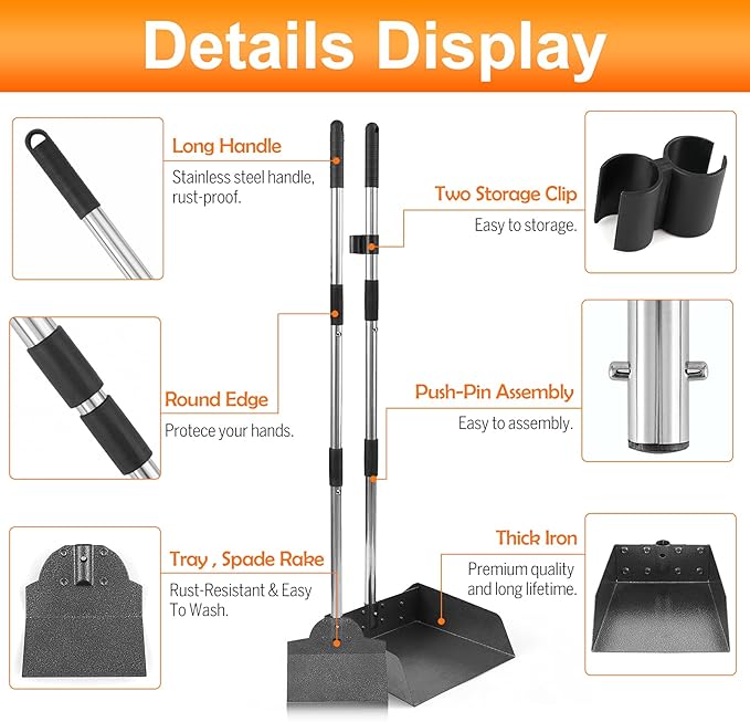 Dog Pooper Scooper for Large Dogs, Metal Aluminum Tray and Spade Poop Scoop Set with Adjustable Stainless Steel Long Handle, Pet Waste Removal Heavy Duty Poop Scooper