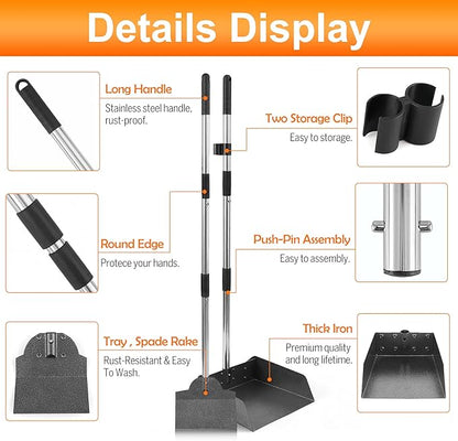Dog Pooper Scooper for Large Dogs, Metal Aluminum Tray and Spade Poop Scoop Set with Adjustable Stainless Steel Long Handle, Pet Waste Removal Heavy Duty Poop Scooper