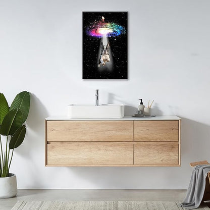 Funny Dog Wall Art Canvas Boston Terrier Wall Decor Prints Framed Painting Bulldog Galaxy Pictures Gifts Artwork for Bathroom 16"x24"