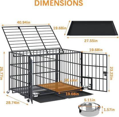 aboxoo 42/48 inch Heavy Duty Metal Dog Crate for 2 Dogs/Large Dog,All Metal Open Top Stackable,Dog Kennel Indoor with Wheels,Floor Grid, Tray, Divider and Feeding Bowl