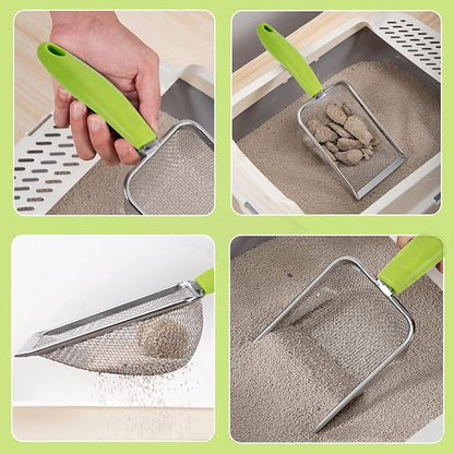 3PCS Stainless Steel Cat Litter Scoop,Litter Cleaner Corner Scoop Sand Sifter,Easy to Clean Cat Little Box, Sifting Litter Scoop Shovel for Reptile Terrarium Sand Waste