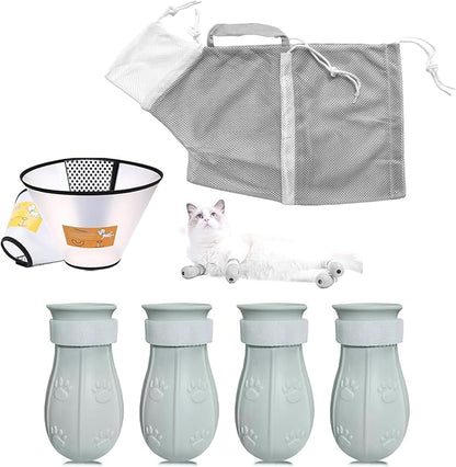 7-Piece Cat Bathing Set - Anti-Scratch Silicone Shoes, Claw Covers, Shower Net, Bathing Bag & Elizabethan Collar (Grey-3)