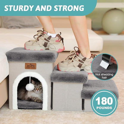 Dog Stairs for Small Dogs with Storage and Condo, 14" H Foldable Pet Stairs for Small Medium or Puppy Dogs and Older Cats, Dog Steps for Bed or Couch, 13x27x14 inch, 3 Tiers, Grey