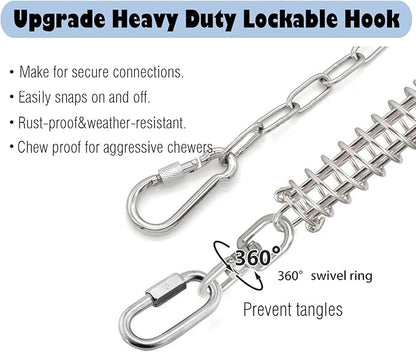 25ft Heavy Duty Chew Proof Dog Tie Out Chain Leash with Shock Absorbing Spring&Lockable Hooks-Up to 200Lbs,Use for Yard,Garden,Camping or Travel