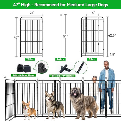 Dog Playpen Outdoor 24 Panels Heavy Duty Dog Fence 47" Height with Thick Pipe Anti-Rust with Doors Portable for RV Camping Yard, Total 54FT, 227 Sq.ft, Snowy Black