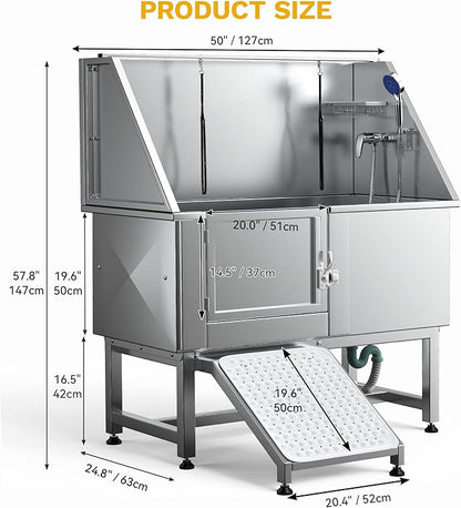 DWVO Professional Pet Dog Bathing Station for Grooming, 50'' Dog Grooming Bathtub with Left Ramp, Floor Grate, Faucet, Showerhead & Soap Holder for Large, Medium & Small Pets