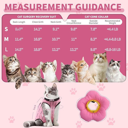 EMUST 2-in-1 Cat Recovery Suit & Cone Collar - Cute Surgical Suit for Abdominal Wounds, Adjustable Soft Flower Collar - Cat Onesie After Surgery, 4-8lb (Pink, M)