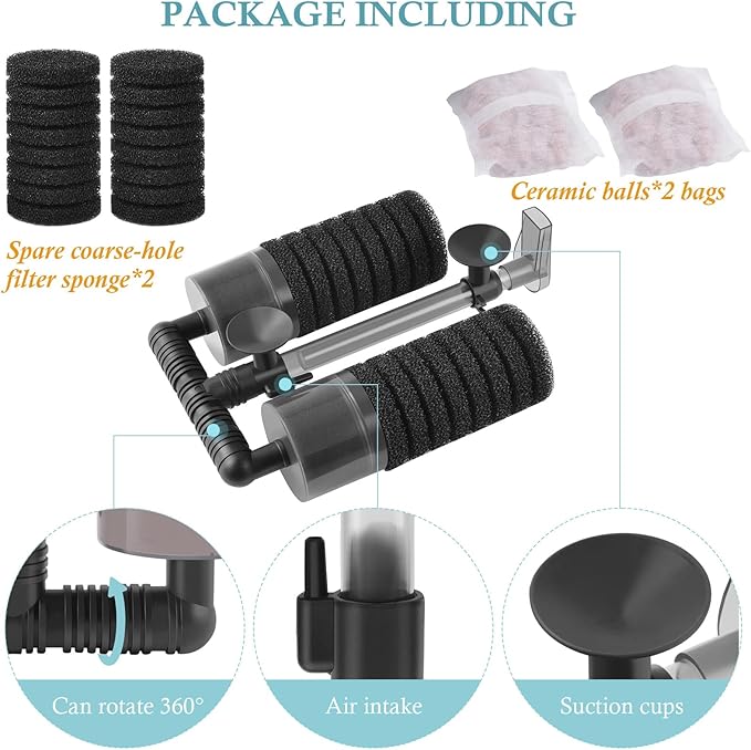 Air Powered Aquarium Sponge Filter with Biochemical Sponge and Ceramic Balls, Quiet Submersible Fish Tank Filter for 15-40Gallon （L-8.7in）