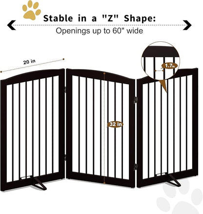 Freestanding Pet Gate for Dogs, Foldable Wooden Dog Gate for House Indoor, Tall Pet Fence for Stair, Doorway,Hall, Support Feet Included, 3 Panels 32",Brown