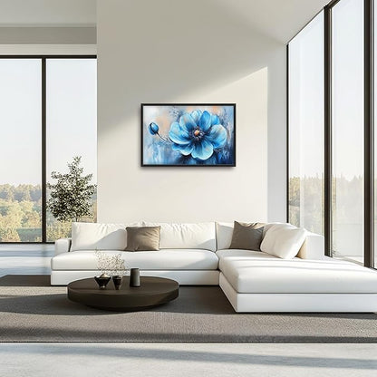 Extra Large Abstract Blue Flower Framed Wall Art for Living Room,Oversized Elegant Floral Pictures Wall Decor,Canvas Print Painting Modern Artwork Bedroom Office Bathroom 36L" x 24W"
