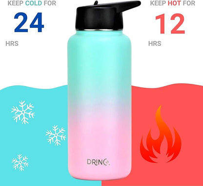 DRINCO Stainless Steel Water Bottle Spout Lid Vacuum Insulated Double Wall Water Bottle Wide Mouth (40oz 32oz 22oz 18oz 14oz) Leak Proof Keeps Cold or Hot (32 oz, 32oz Macaron)