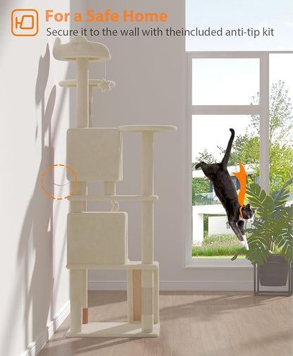 77'' Cat Tree Tower for Indoor Cats Large Adult, Cute/Tall Modern Cat Tree for Big Cats 20 lbs, Plush Multi-Level Cat Condo with Scratching Posts, Dangling Ball for Fun Play (Beige, 77 inch)
