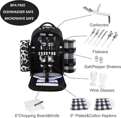 apollo walker Picnic Backpack Bag for 2 Person with Cooler Compartment, Detachable Bottle/Wine Holder, Fleece Blanket, Plates and Cutlery Set (2 Person, Black)