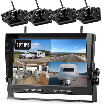 eRapta 4 Wireless Backup Camera Magnetic: 10.1" IPS Full-Size DVR Monitor, Install-Free RV Camera System with IR Night Vision, Built-in 9600mAh Battery for RV/Camper/Truck/Trailer/Tractor ACT104