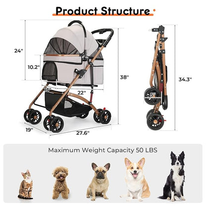 3-in-1 Foldable Pet Stroller for Medium Dogs & Cats (50lbs) - Detachable Carrier, Car Seat, Storage Basket, 5" Lockable Wheels